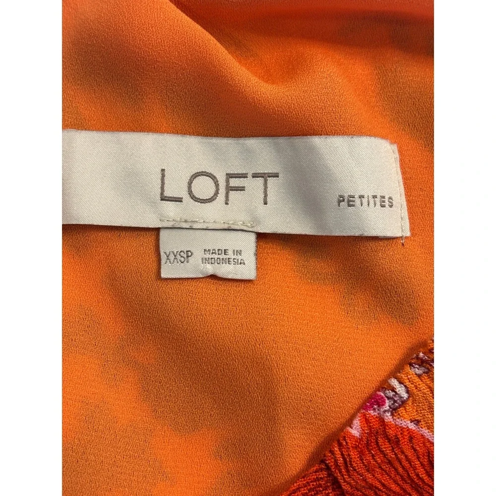 Loft Petites XXSP Floral Patchwork Puff Sleeve‎ Blouse Orange Pink Boho Top